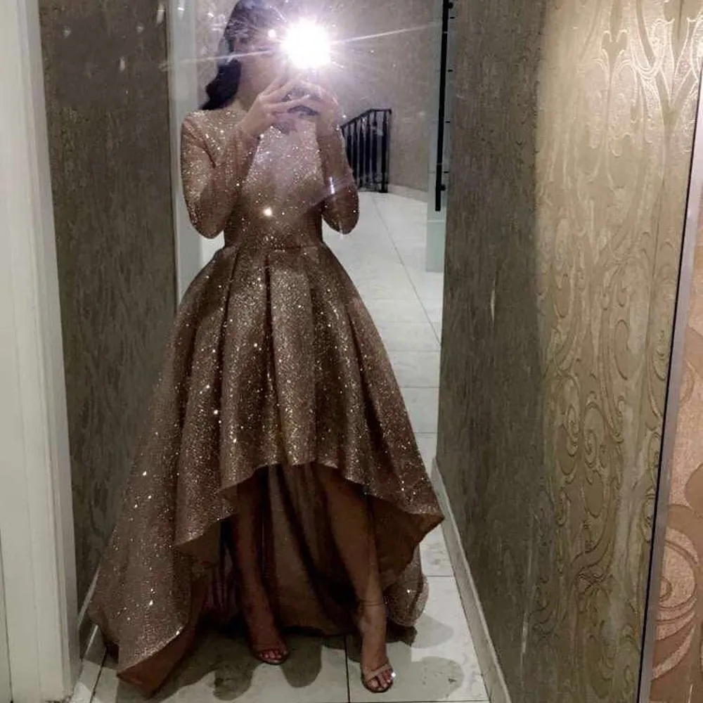

Long Sleeves Plus size Short Prom Gowns Gold Muslim Arabic Sequins Dress for Formal Evening Wear 2020 Woman Party Dresses