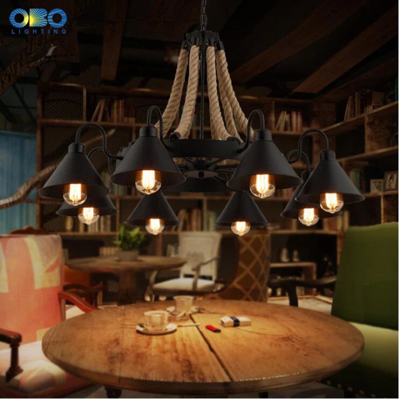 

Vintage Hemp Rope Pendant Lamp Iron Lampshade Shop/Coffee House Bar Indoor Lightings E27 Industrial Style Chain Pendant Lights