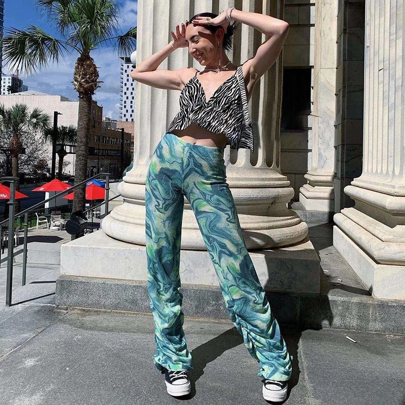 

LALUMAI women's 2021 Casual Pants Wide Leg Tie dyed straight pants high waist loose pants slim casual pants in spring Trousers
