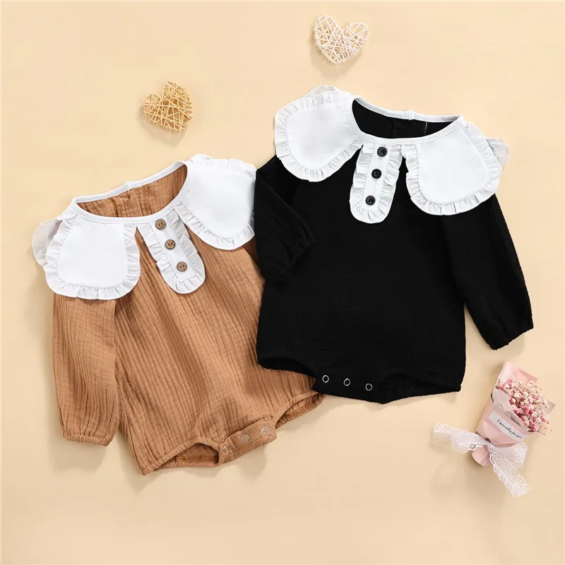 

pudcoco Autumn Infant Baby Romper 0-24 Months Ruffled Hem Neckline Long Sleeve Casual Sweet Playsuits For Girls Black Khaki