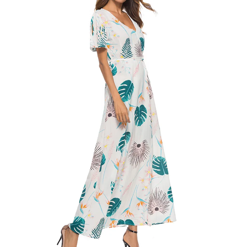 SAGACE Fashion Dress Women Casual V-Neck Leaves Print beach dresses and tunics Short Sleeve Split Bandage sexy party | Женская одежда