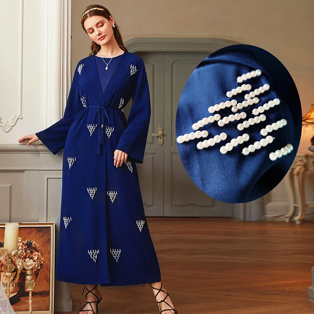 BA012 2022 темно-синий Новый Кафтан Арабская открытая абайя кимоно с бисером жемчужное мусульманское платье женский кардиган верхняя одежда Же...