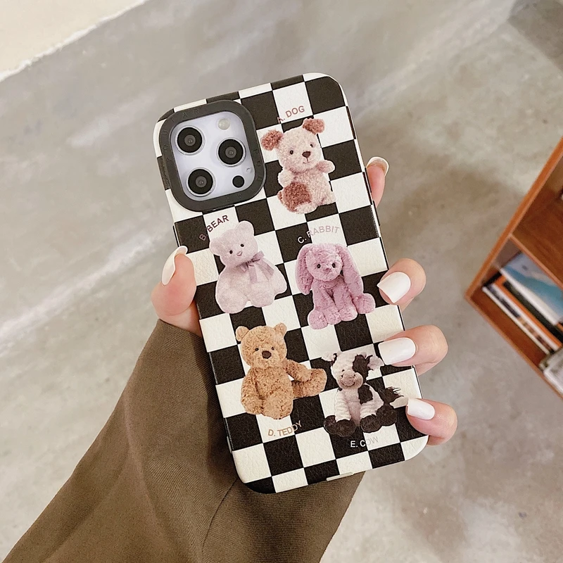 

Retro Chessboard Teddy bear Korean Phone Case For iPhone 13 Pro Max 12 11 Pro Max X Xs Max Xr 7 8 Puls Cover Soft Leather Coque