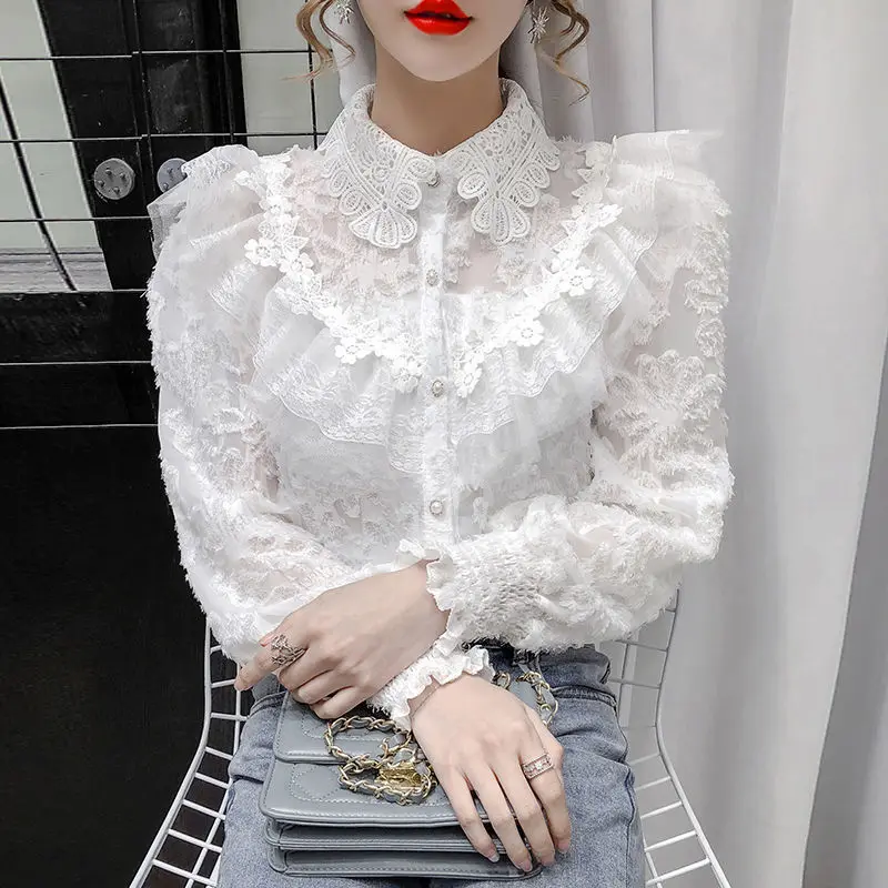 Женская кружевная блузка с длинным рукавом осенне-зимняя рубашка - купить по