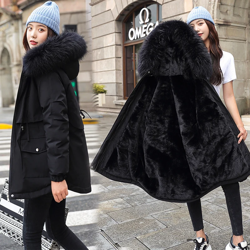 

Fashion Thicken Warm Women Parkas 2020 Winter Cotton Jacket Flannel Insided Down Cotton Coats Big Fur Collar Slim Padded Parka