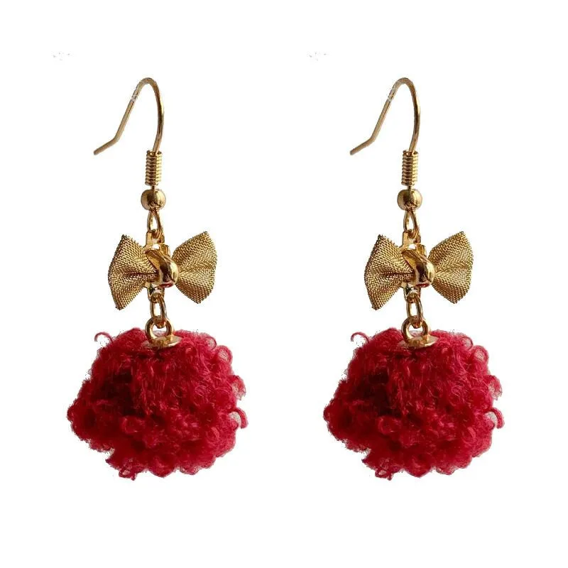 

2020 Winter New Bow Plush Hairball Dangle Earrings For Women Jewelry Temperament Versatile Earring Red Coffee Holiday Gift