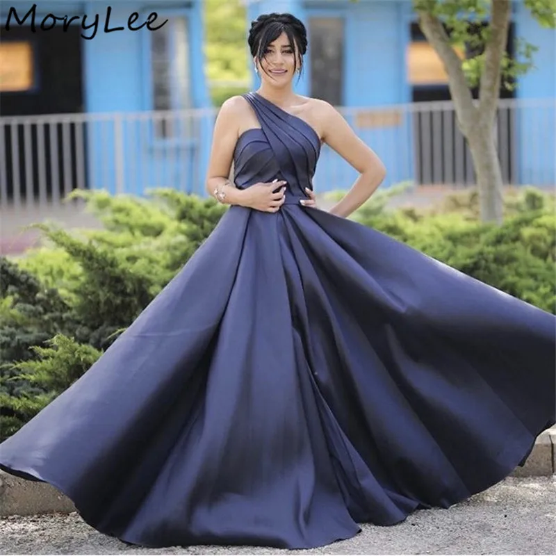

Evening Dresses One Shoulder Side Slit Floor Length Sweep Train Satin Evening Dresses With Zipper vestidos de fiesta de noche