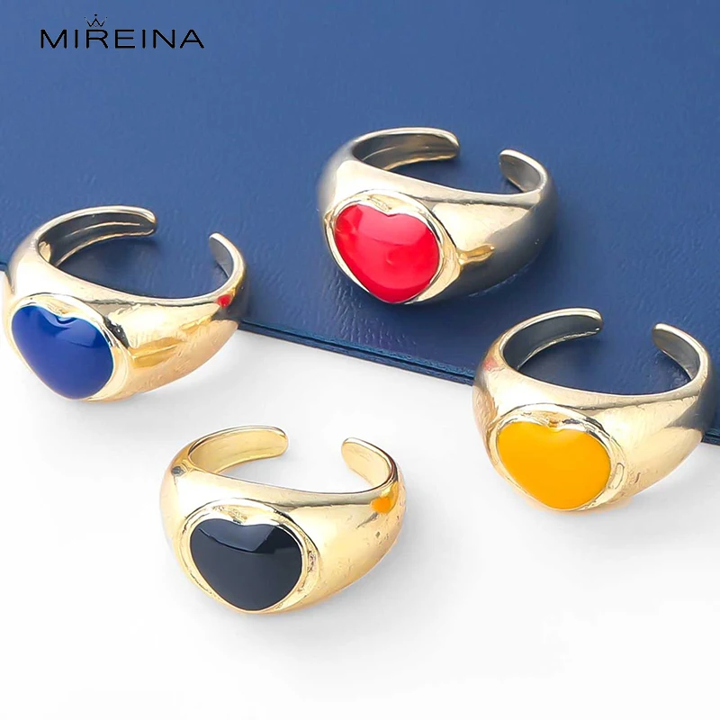

MIREINA Open Metal Ring With Love Ornament Red Black Blue Yellow Hip-Hop Style Heart Woman`s Jewelry