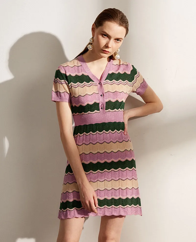 Женское платье-свитер тонкое трикотажное платье в полоску с цветными волнами 2020 |