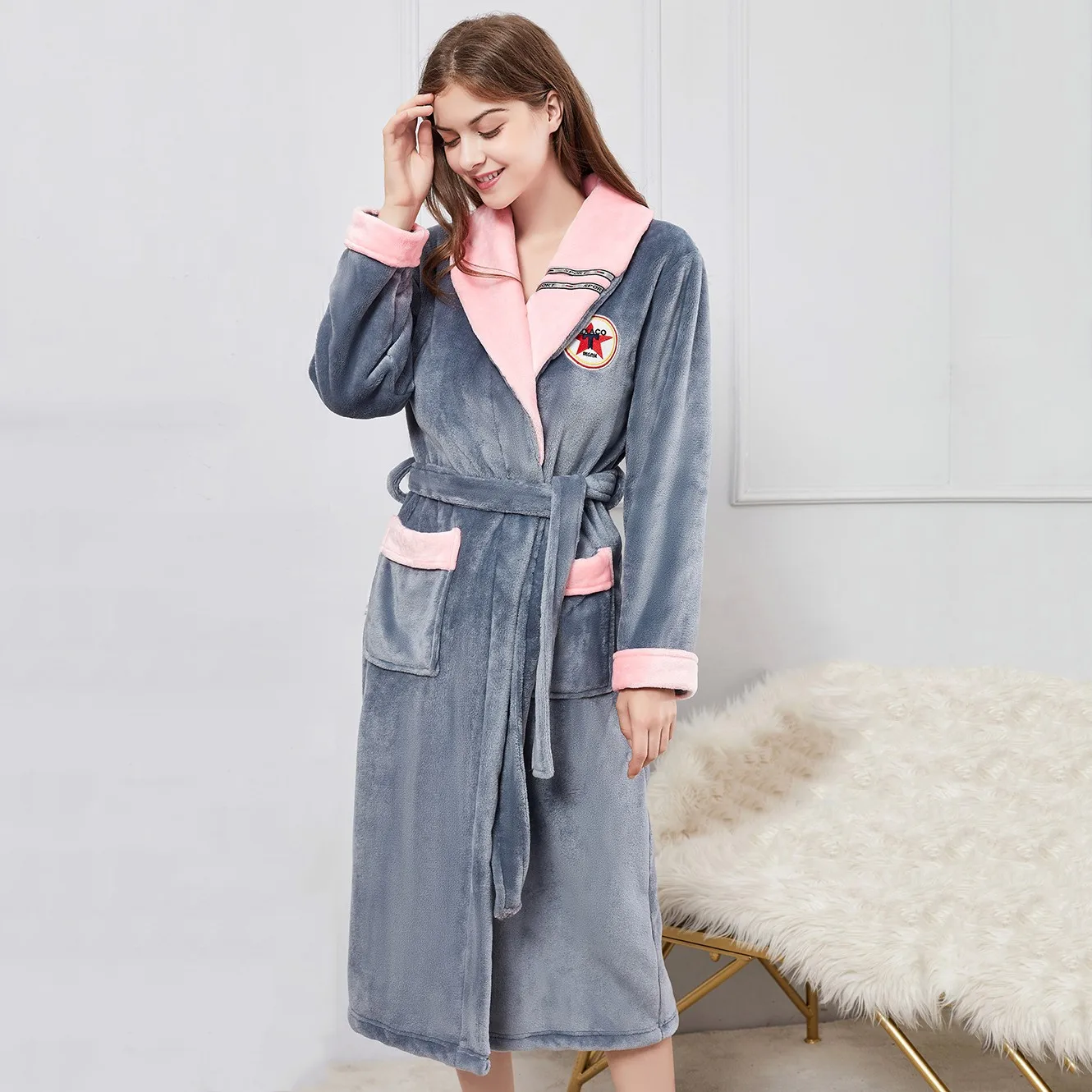 

Long Sleeve Women Flannel Robe Warm Thick Sleepwear Winter New Bathrobe Gown Coral Fleece Nightgown Long Sleeve Loungewear