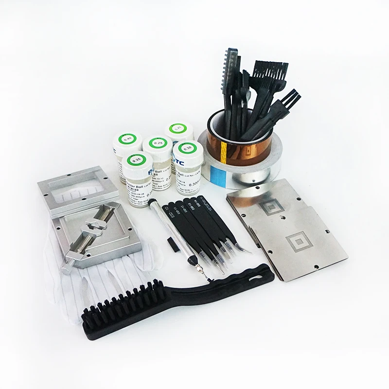 

HT-90 Reballing jig 56pcs 90MM stencils 250K Solder balls + Insulating tape + Vacuum suction pen-FFQ-939 + ESD tweezers