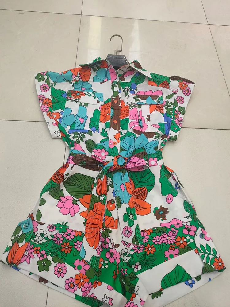 

Lapel single-breasted tooling style tie waist retro printed cotton and linen wide-leg shorts Ladies summer new fashion