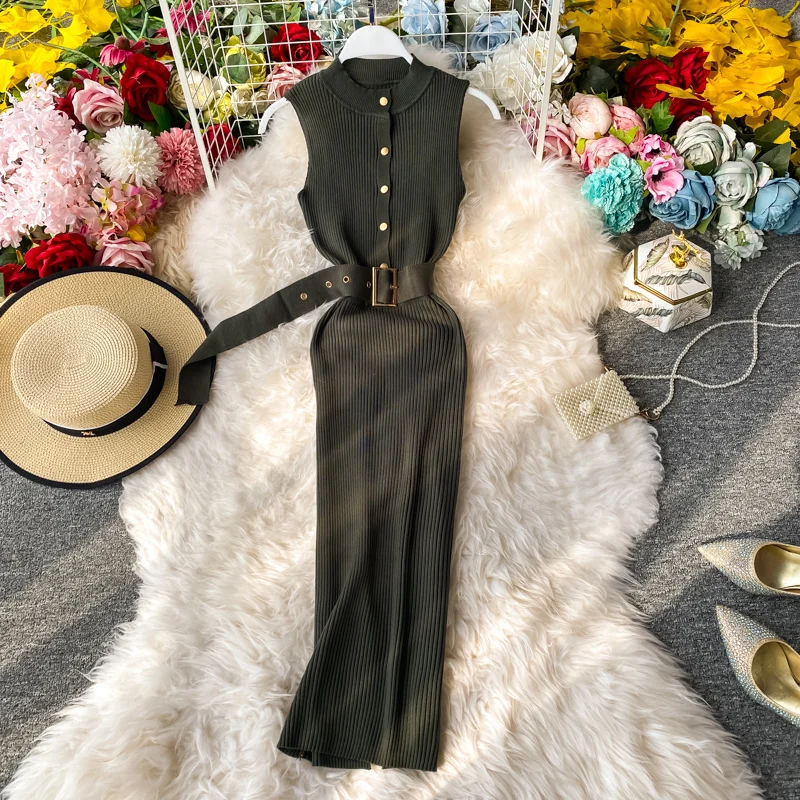 ALPHALMODA 2020 Summer Women Knit Dress Single Breasted Slim Belted Sleeveless Ladies Vintage Solid Knitting | Женская одежда