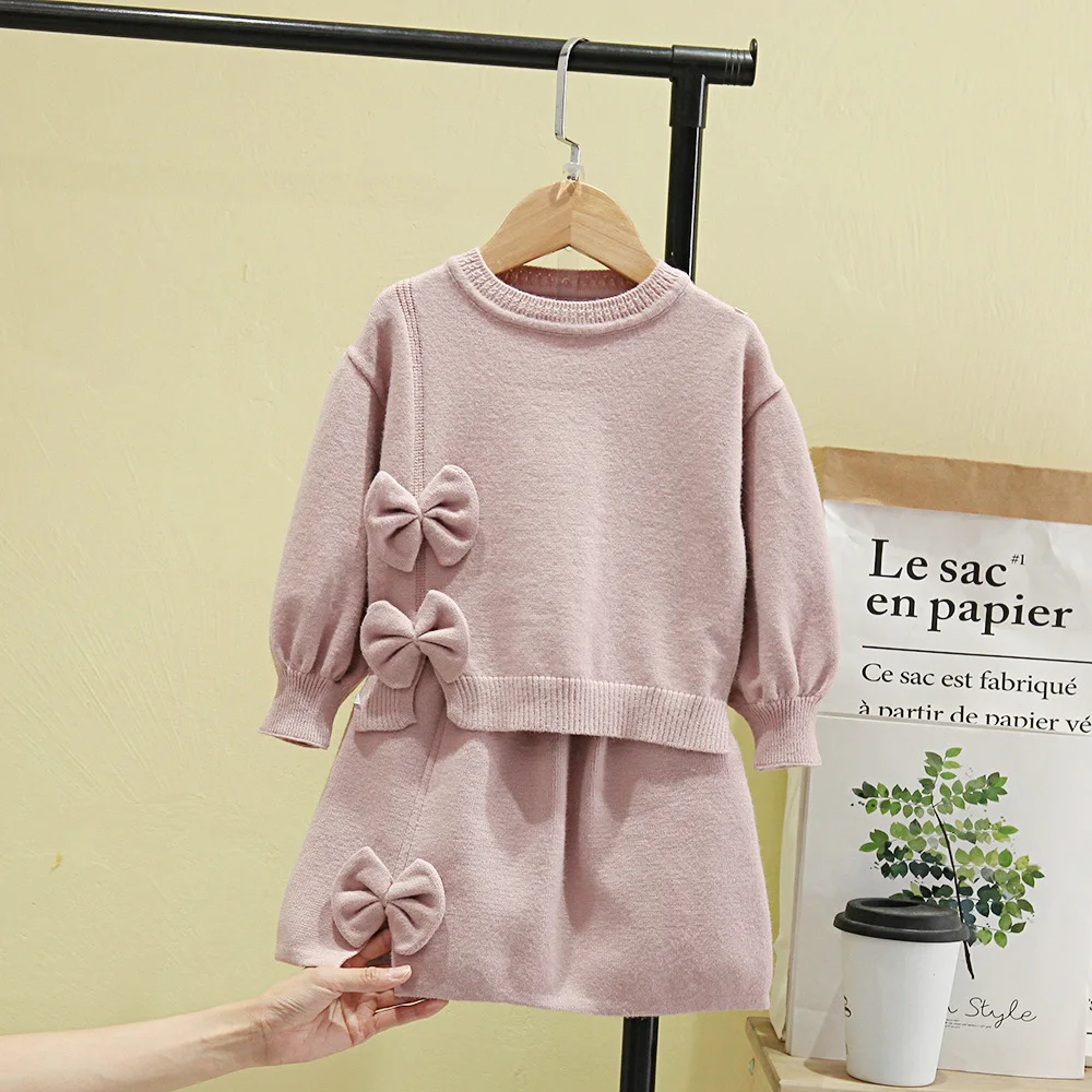 

2021 girls Korean version of autumn and winter baby girl knitted sweater top bow cute pullover short skirt girl two-piece suit