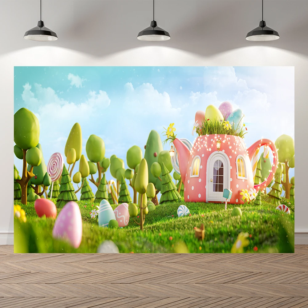 

NeoBack Amazing Fairy Teapot House Decorated Spring Easter On The Meadow Photo Backdrops Photography Background Photocall Banner