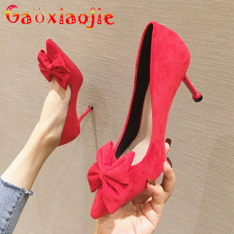 

gaoxiaojie Fashion Easy Matching Bow High Heels Women Stiletto 2021 New Flock Pumps Sexy Pointed Toe 6CM 8CM Party Office Shoes