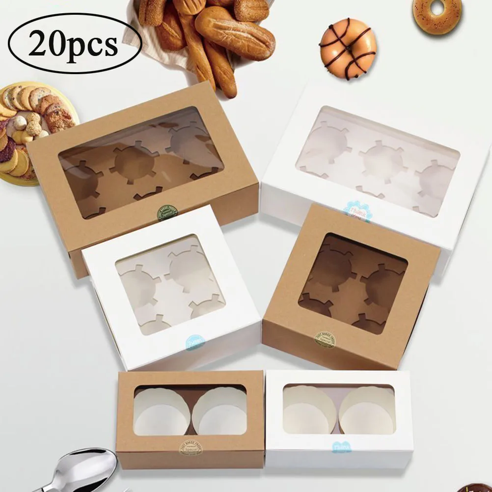 

20pcs 2 Grids 4 Grids Cupcake Boxes And Packaging Box Kraft Paper Food Baking Boxes With Clear Window Muffin Boxes With Inserts