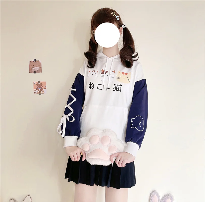 

HARAJPOO Woman Sweatshirt 2021 New Spring Japanese Style Cute Cats Print Bow Tie Kawaii Loose Hooded Long Sleeve Female Top Tide