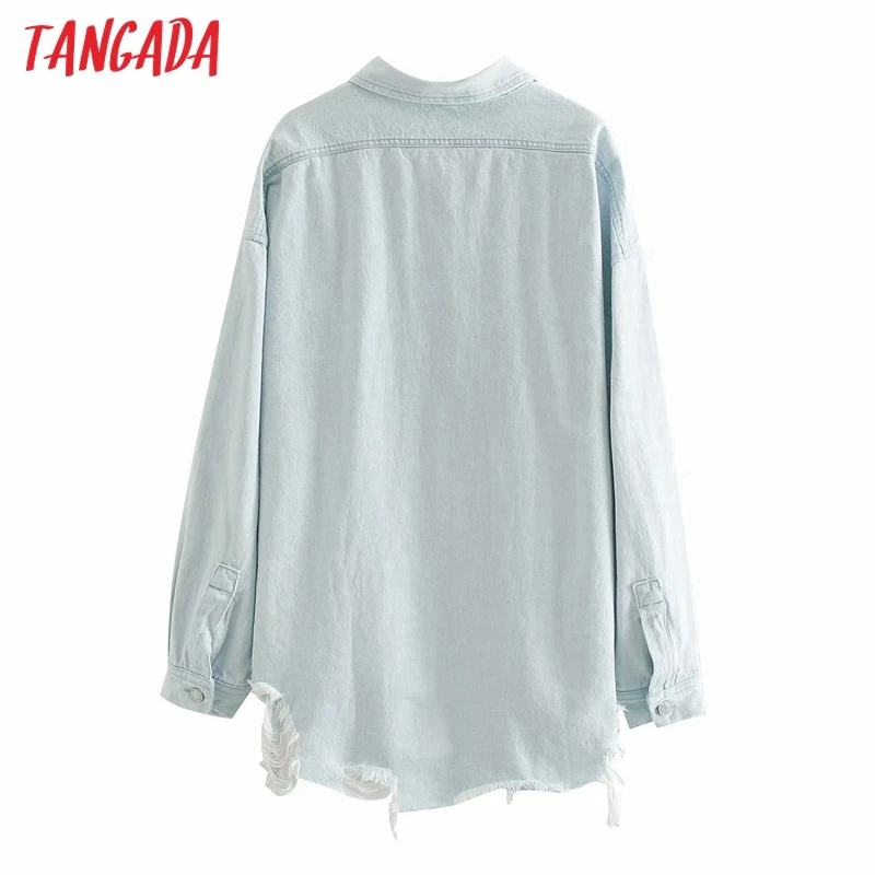 

Tangada Women boyfriend denim jacket coats hole ripped 2020 autumn winter new female oversized long coat 4M212