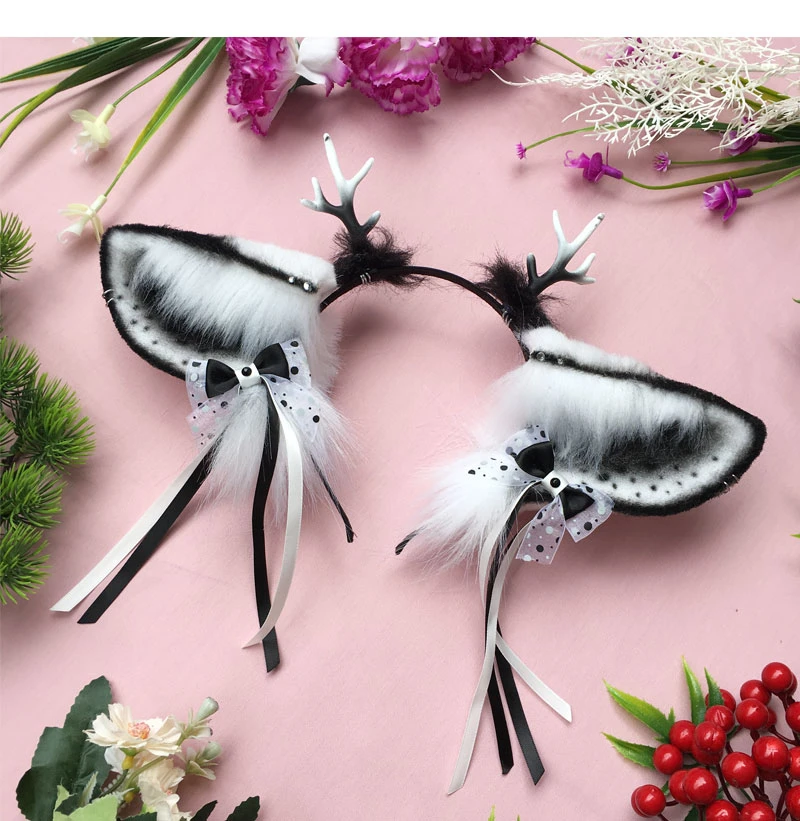 

Hand Made Deer Ears Horn Hairhoop Hairbands White Black Headband Headwear for Girl Women Lovely Cosplay Costume Accessories