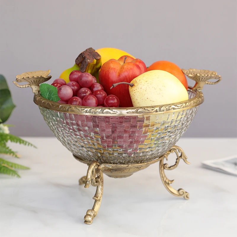 

GY European and American Style Villa Living Room Soft Decorations Decoration Simple and Light Luxury Bronze Glass Fruit Plate
