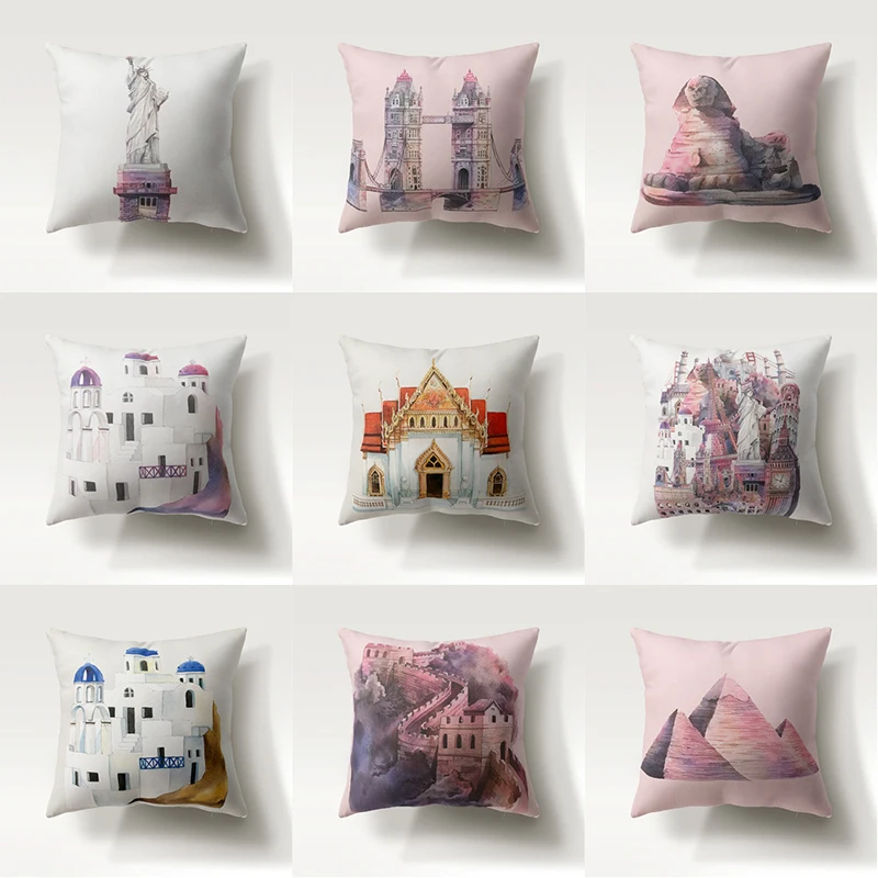 

45*45cm Cushion Cover Ancient Architectural Pattern Polyester Throw Pillow Cases for Sofa Car Coffee Home Decor Pillowcase