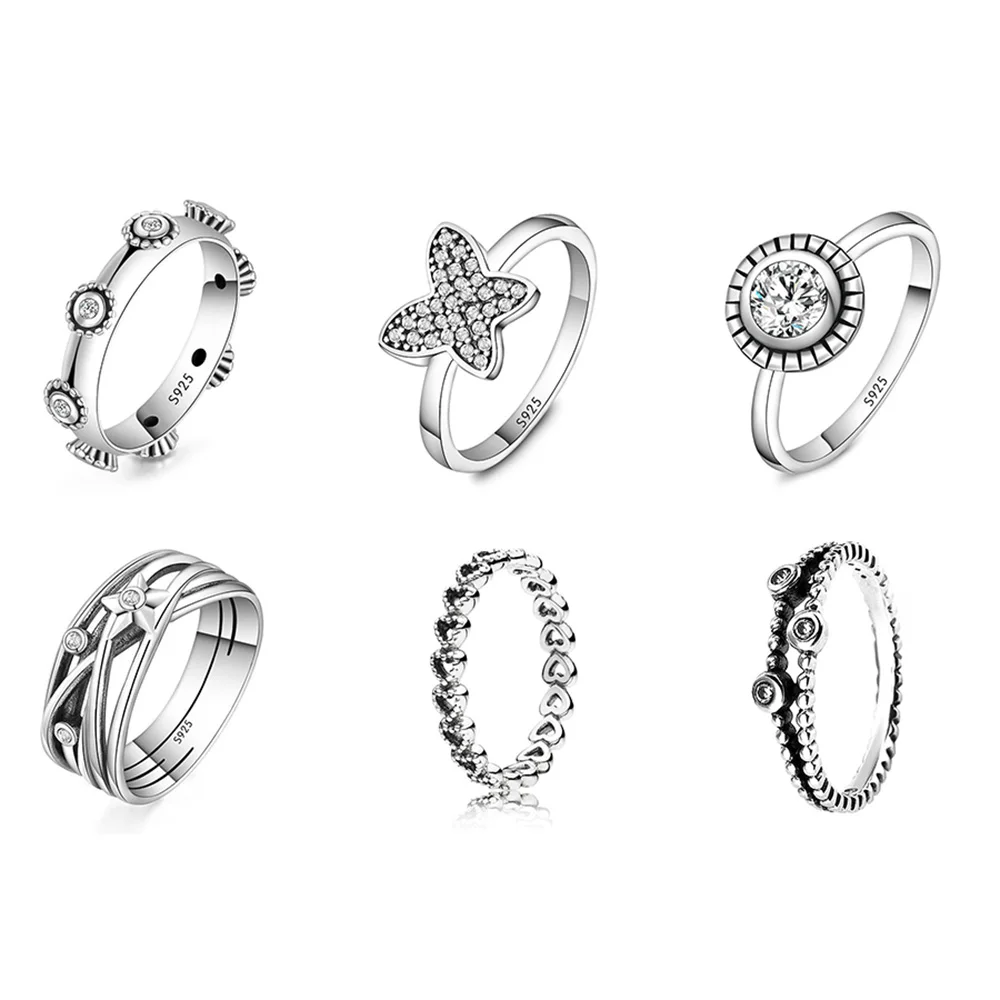 

925 Sterling Silver Ring Charms Clear Crystal Diy Round Finger Ring For Women Gift Fashion Jewelry