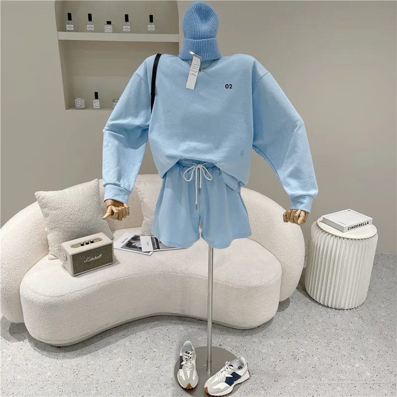 

Two Piece Set Women Spring Summer 2021 Niche Design Fashion Number Embroidery Long Sleeve Round Neck Top Drawstring Loose Shorts