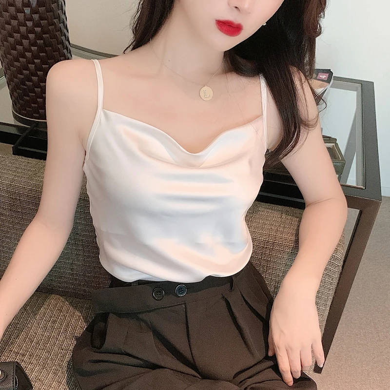 

Summer Korean Satin Tank Top Women Silk Office Lady Sleeveless Spaghetti Strap Tank Top Loose Vintage White Tops for Women
