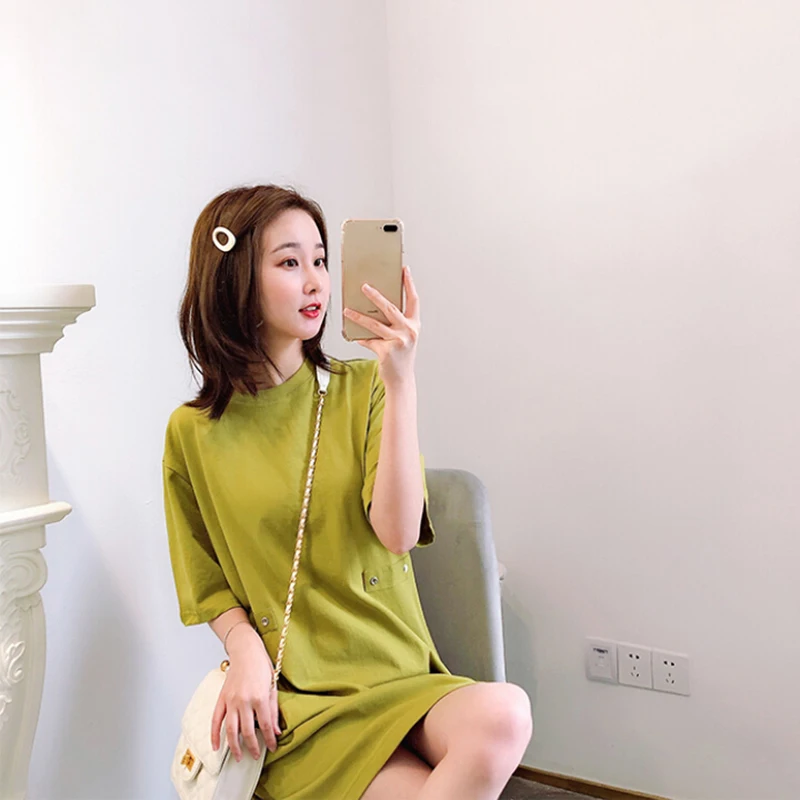 Женская футболка платье с коротким рукавом мешковатые Платья Круглый вырез