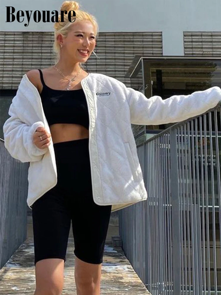 

Beyouare Casual Women Jacket Lamb Wool Letter Embroidery Long Sleeve Button Baseball Coat 2021 Autumn Streetwear Female Clothing