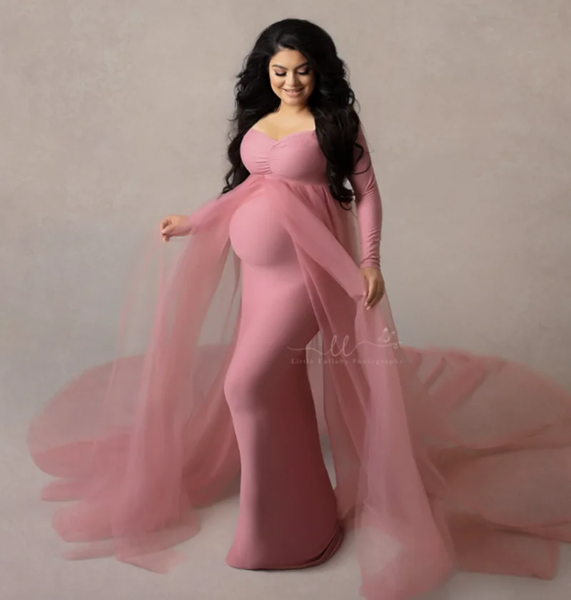 

Maternity Tulle Long Dresses for Photo Shoot Baby Shower Cotton Dress Stretchy Pregnancy Photography Dress with Cape Long Train