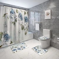 Floral Europe Style Home Decor Toilet Mat Bath Mat and Shower Curtain Set Bathroom Carpet Set Non-Slip Bathroom Foot Mat
