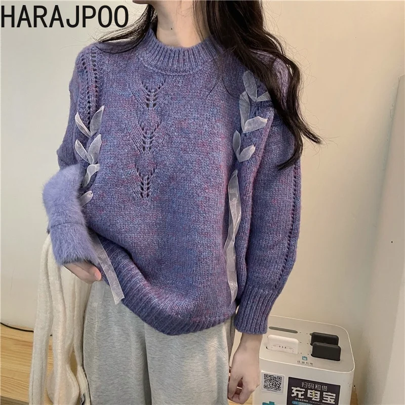 

Sweaters Harajpoo Women Hollow Lace O Neck Y2k Korean Fashion Lazy Oaf Green Knitwear Spring Autumn 2021 New Loose Pullovers
