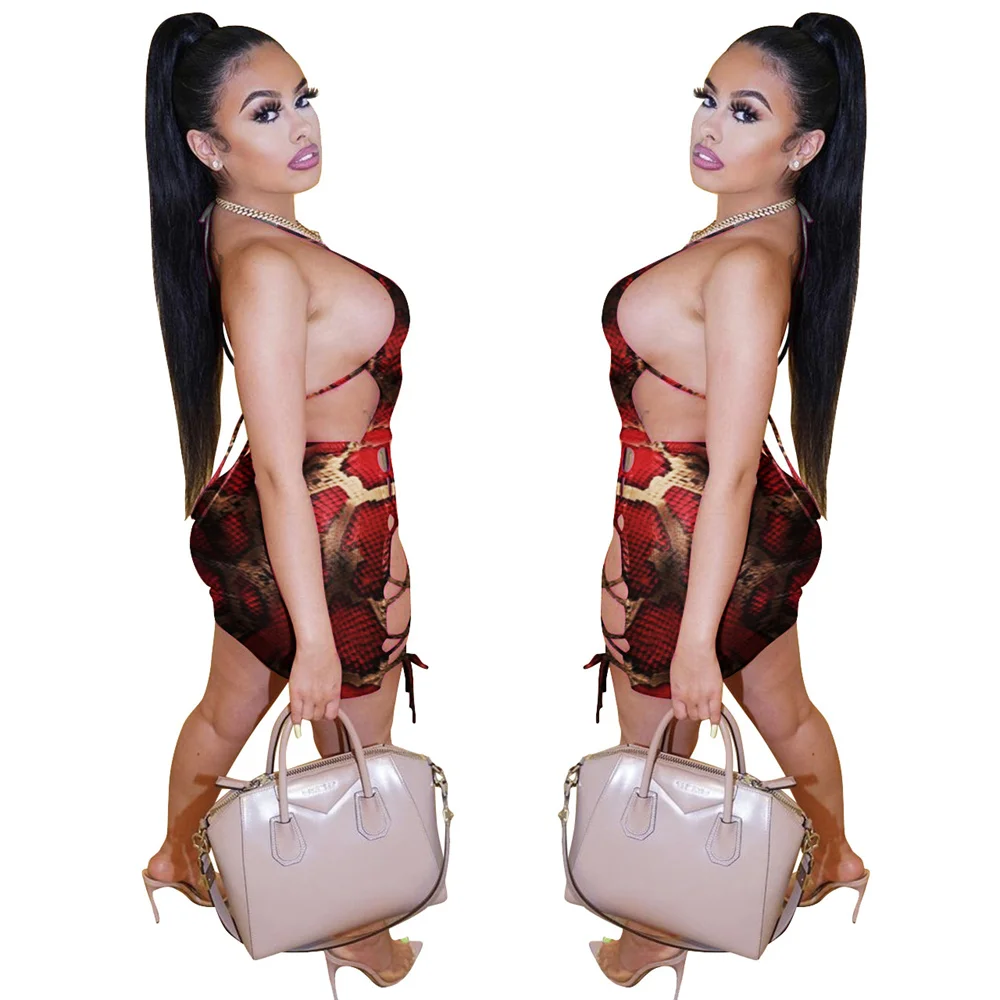 

RStylish Summer 2021 New Women Sexy Sleeveless Snake Print Hollow Out Bandage Bodycon Dress Halter Short Party Casual Dresses