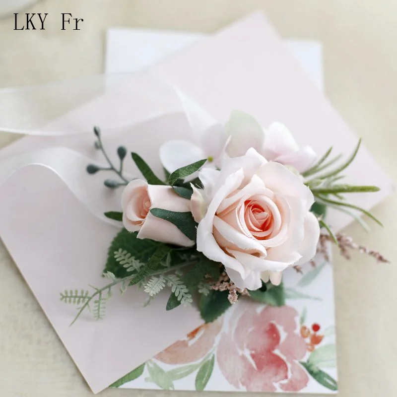 LKY Fr Boutonnieres Flowers Artificial Red Roses Silk Ivory Corsage Buttonhole Groomsmen Boutonniere for Men Wedding Accessories
