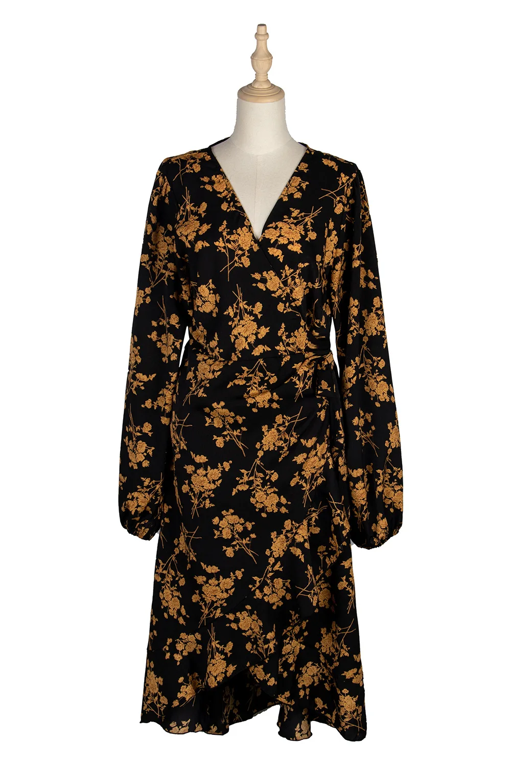 

MOVOKAKA Slim Print Long Dress Women Elegant Puff Long Sleeve Vestidos Party Dresses Woman V neck Bandage Dress Women High Waist