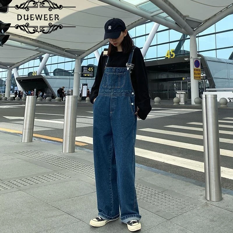 

Dueweer Women Denim Jumpsuits Wide-leg Trousers Vintage Loose All-match Students BF Korean Style Straps Ulzzang Simple