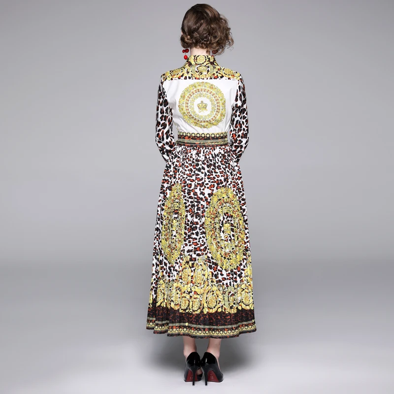 

designer dresses runway high quality autumn casual New Leopard Print Long Sleeve Pleated Long Dress fashion bow Vintage women dr