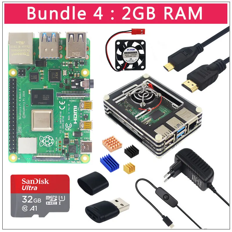 2GB RAM UK Raspberry Pi 4 модели B 1/2/4GB Оперативная память BCM2711 вариант Чехол | SD картой памяти на 32 Гб | переключатель Мощность | Micro HDMI | 9 Слои Чехол | вентилятор - Комплект: 2GB RAM