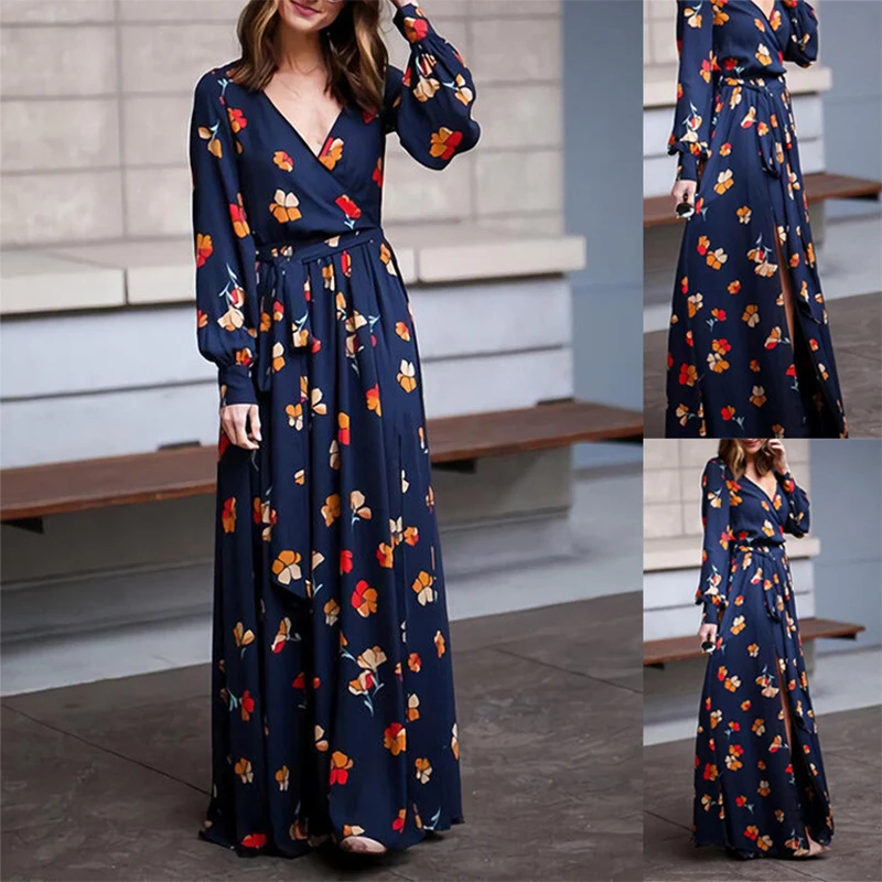 

Long Sleeves V Neck Floral Printed Dress Women Summer Clothing New High Waist Lantern Sleeve Big Pendulum A Line Long Skirt
