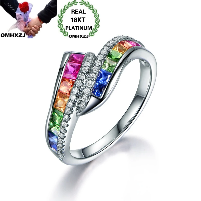 

OMHXZJ Wholesale European Fashion Woman Girl Party Birthday Wedding Gift Geometric Colorful Zircon 18KT White Gold Ring RR896