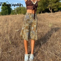 rapcopter floral skirts vintage grunge khaki mid claf skirts holiday summer cute skirts women beach party streetwear sweet cloth