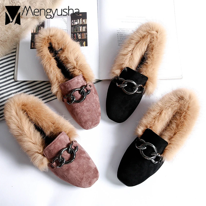 Туфли женские меховые на плоской подошве лоферы без застежки из меха кролика с