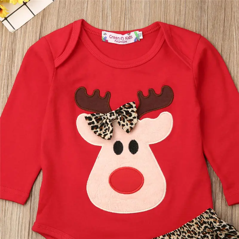 Christmas Reindeer Outfit Baby Girls Clothes Set Infant Long Sleeve Clothing Cotton Bodysuit+Leopard Skirt Newborn Toddler Kids | Детская