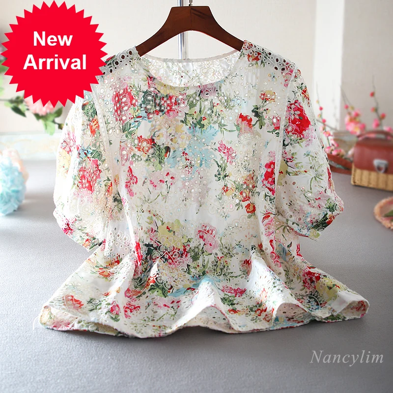 

Summer Floral Lace Blusas Women New Loose Blouses Short Sleeve Hollow Out Sweet Pullover Embroidered Shirt Ladies Top Nancylim
