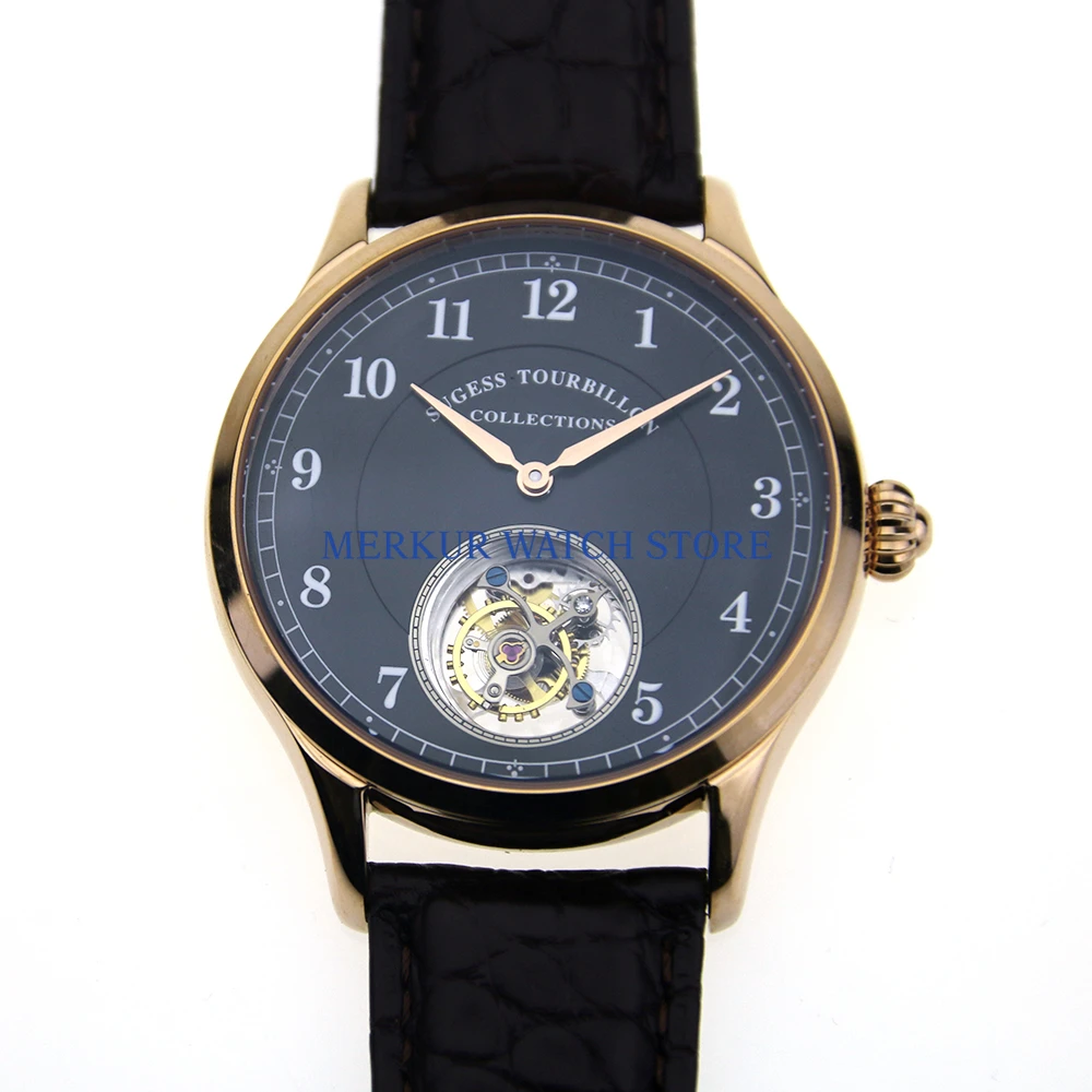 Часы мужские летающие механические с позолоченным черным циферблатом|Мужские