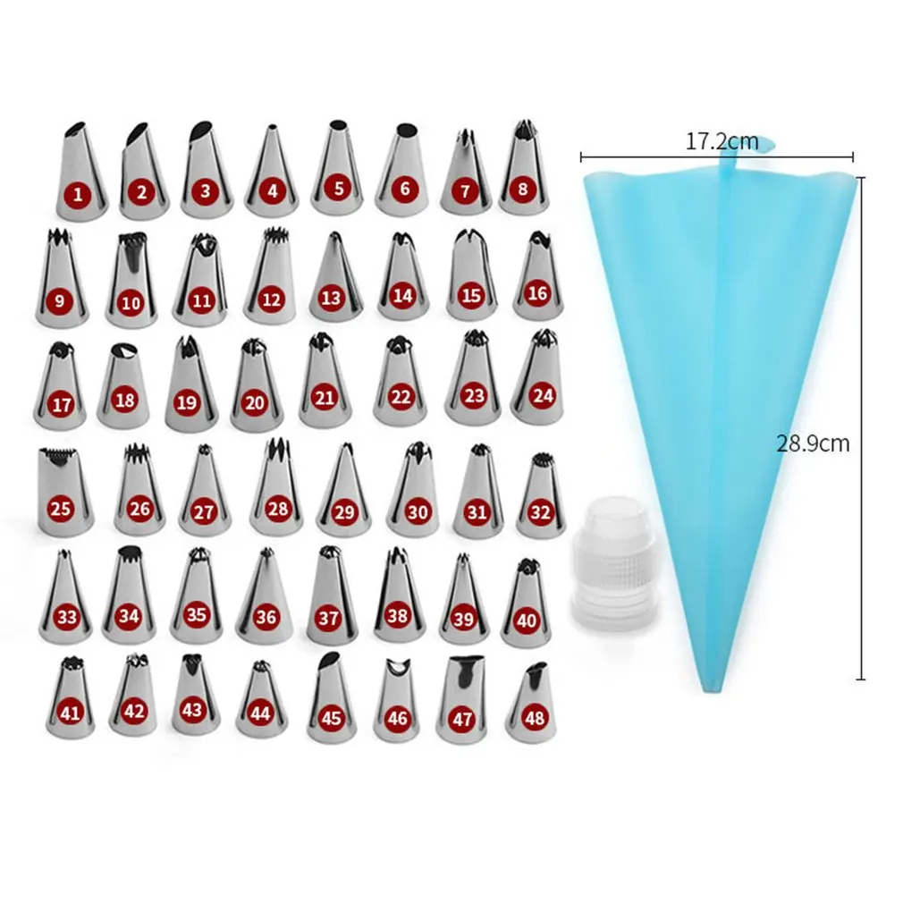 

50 Pcs/Set Silicone Icing Piping Cream Reusable Pastry Bag+24 Stainless Steel Nozzle Set DIY Cake Decorating Tips