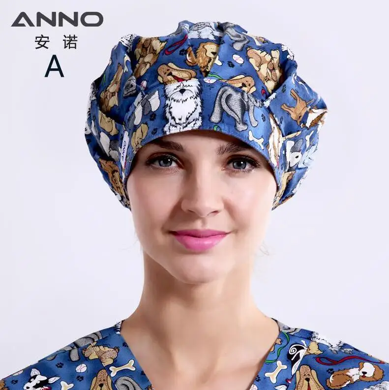 ANNO Bouffant, шапки с эффектом потертости, хлопковая хирургическая Кепка, s, стоматологическая Кепка, для женщин, мужчин, доктор, головной убор, шапка для ухода, для салона красоты, медицинская маска - Цвет: A-HuaHuaGouLan-Cap