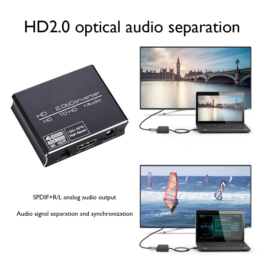 

Audio Signal Converter 2160P 4K x 2K 60Hz HDMI-compatible SPDIF+R/L Adapter HDMI2.0 Optical Audio Splitter